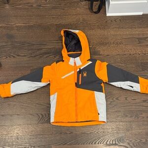 Spyder Kids Orange/Gray Puffer Jacket and Gray snow bib